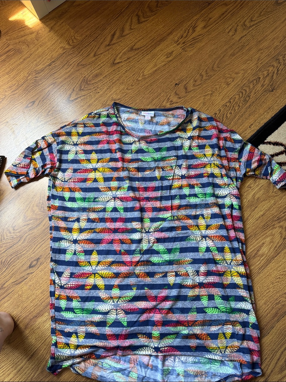 LuLaRoe Navy Striped Tee with Multicolor Floral Print